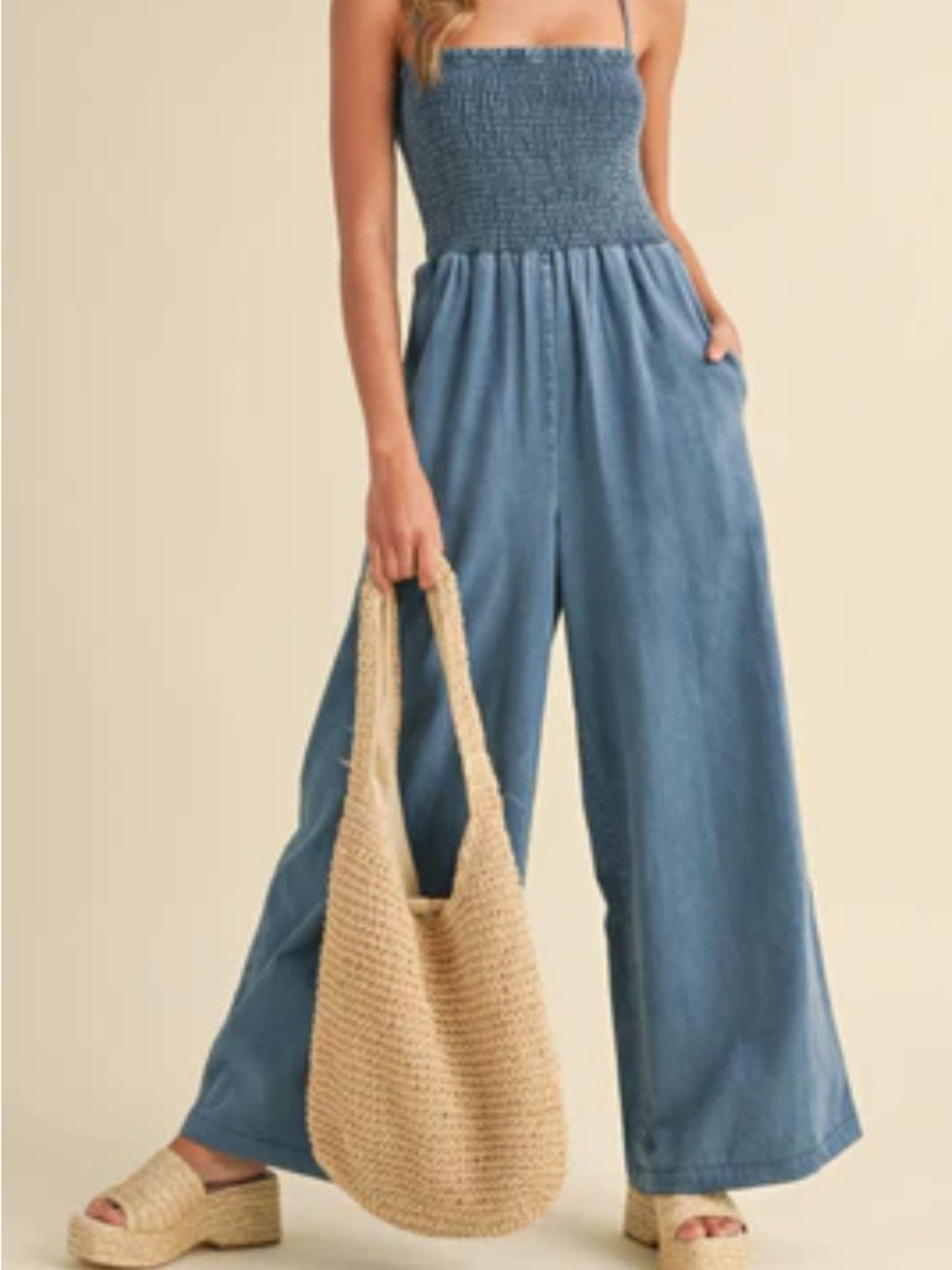 Loragal Smocked Denim-Blue Wide Leg Jumpsuit